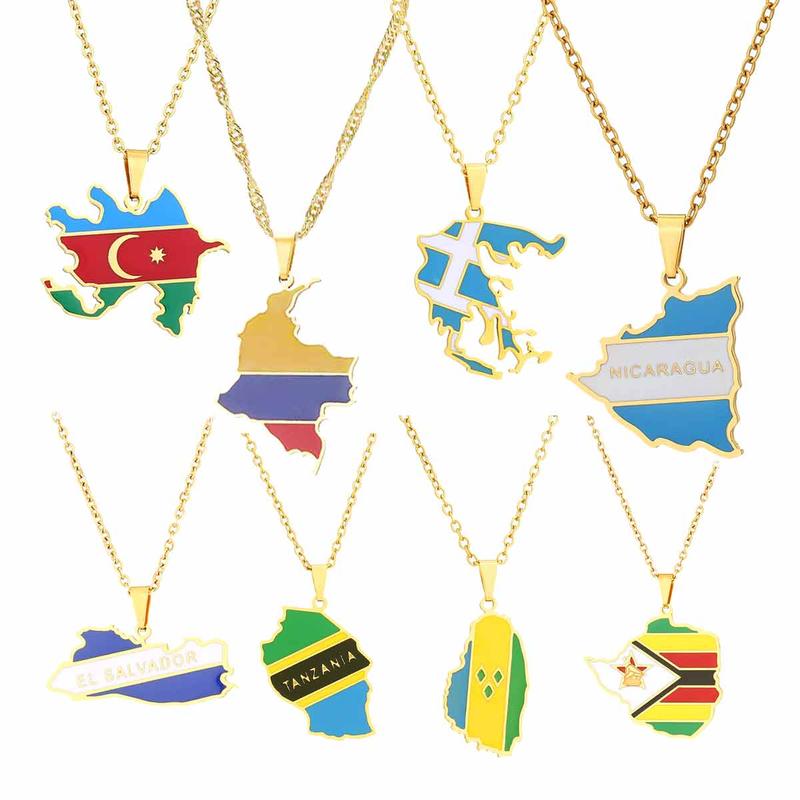 Fashion Unisex Country Country's Flag Map Gold Pendant Necklaces Stainless Steel World Maps Pendant Necklace