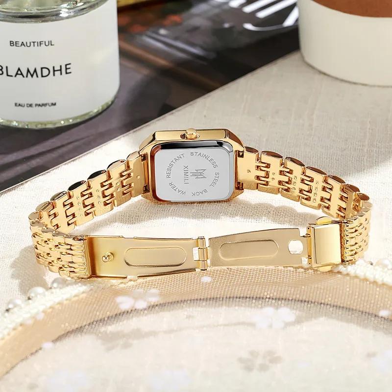 Luxury Ladies Fashion Quartz WristwatchSimple Scale Square Quality Gold Plated Woman Watches Business, Gift with Box