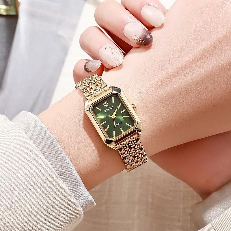 Luxury Ladies Fashion Quartz WristwatchSimple Scale Square Quality Gold Plated Woman Watches Business, Gift with Box