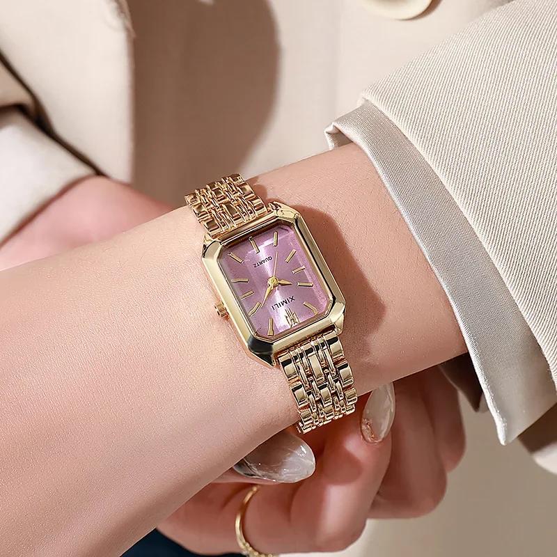 Luxury Ladies Fashion Quartz WristwatchSimple Scale Square Quality Gold Plated Woman Watches Business, Gift with Box