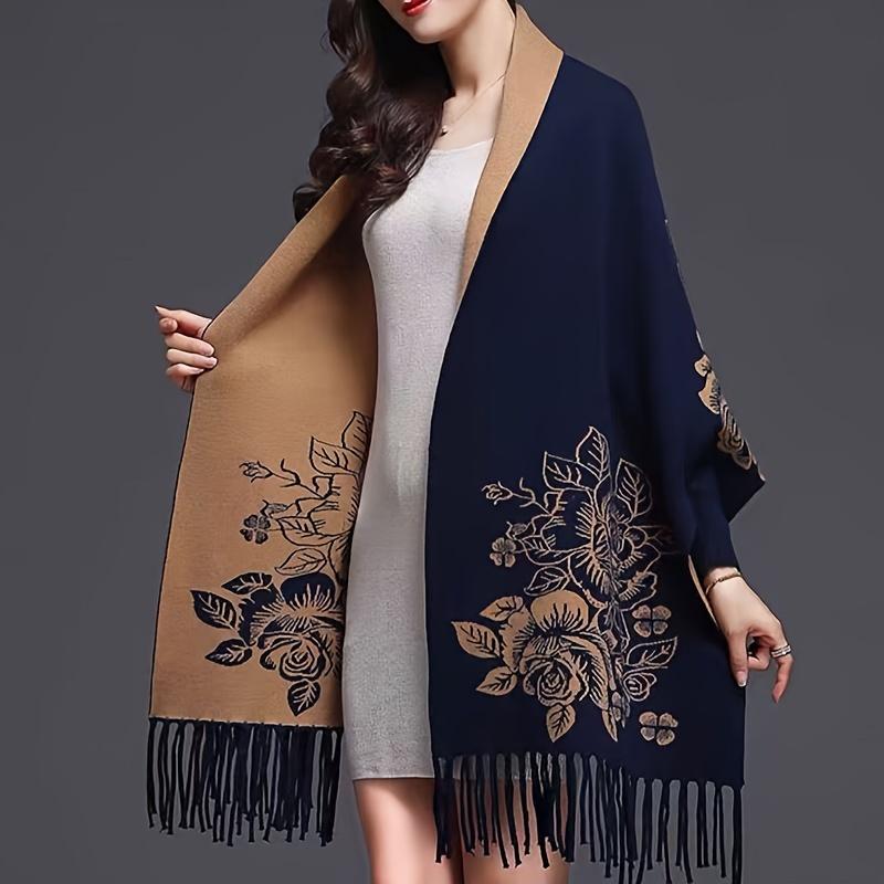 Vintage Floral Embroidered Polyester Shawl Wrap - Inelastic, Hand Washable, Woven, Decorative & Warm for Casual Outings - Women's Thick Autumn Winter Shawl with Sleeves