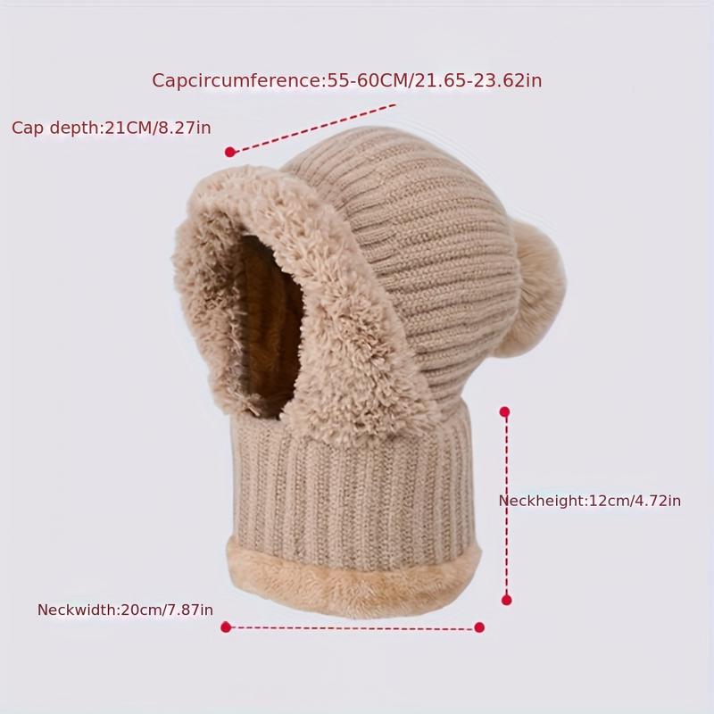 Winter Fluff Lining Knitted Hat, 3-in-1 Winter Hat Scarf Mask with Earmuffs Suit, Windproof and Warm Hooded Neck Warmer,