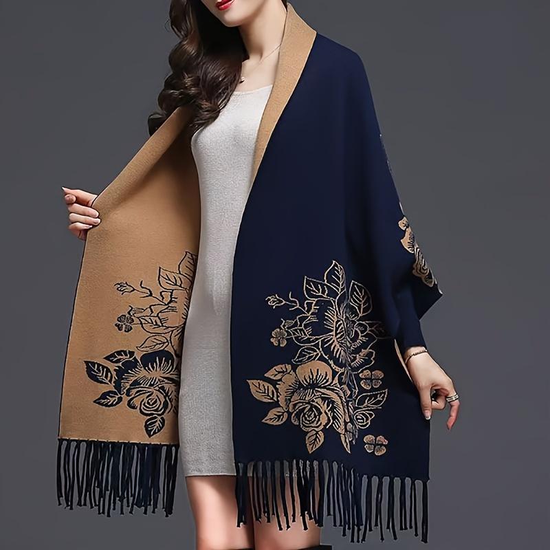 Vintage Floral Embroidered Polyester Shawl Wrap - Inelastic, Hand Washable, Woven, Decorative & Warm for Casual Outings - Women's Thick Autumn Winter Shawl with Sleeves