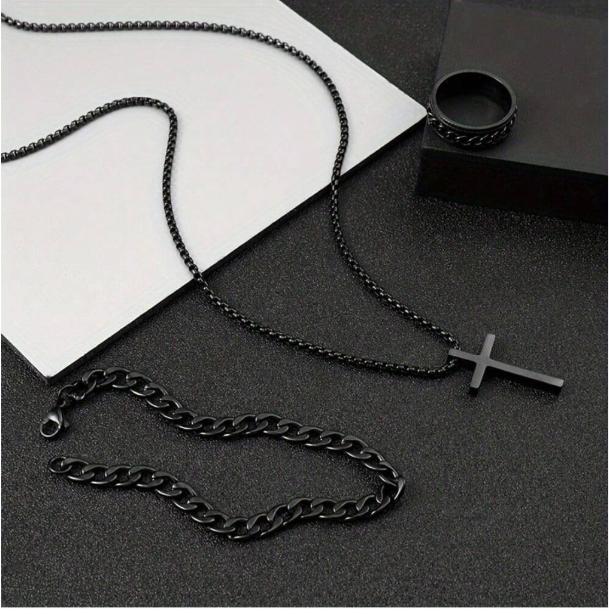 3pcs Men's Fashion Versatile Stainless Steel Jewelry Set, Black Cross Necklace, Bracelet And Ring