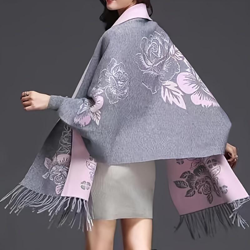 Vintage Floral Embroidered Polyester Shawl Wrap - Inelastic, Hand Washable, Woven, Decorative & Warm for Casual Outings - Women's Thick Autumn Winter Shawl with Sleeves