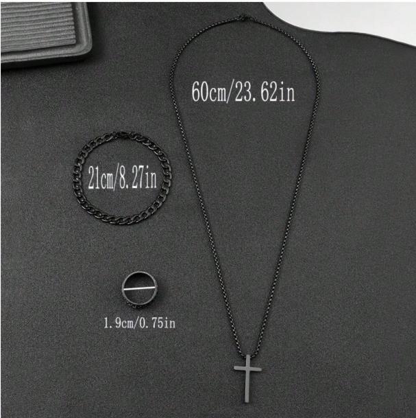 3pcs Men's Fashion Versatile Stainless Steel Jewelry Set, Black Cross Necklace, Bracelet And Ring