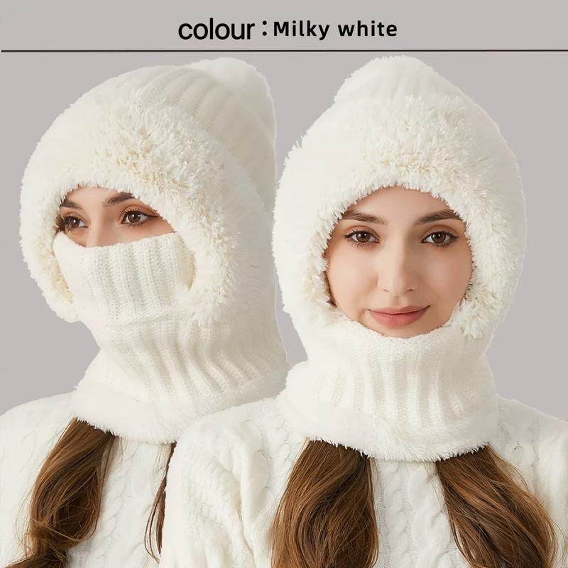 Winter Fluff Lining Knitted Hat, 3-in-1 Winter Hat Scarf Mask with Earmuffs Suit, Windproof and Warm Hooded Neck Warmer,