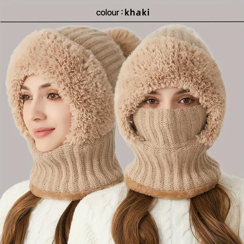 Winter Fluff Lining Knitted Hat, 3-in-1 Winter Hat Scarf Mask with Earmuffs Suit, Windproof and Warm Hooded Neck Warmer,