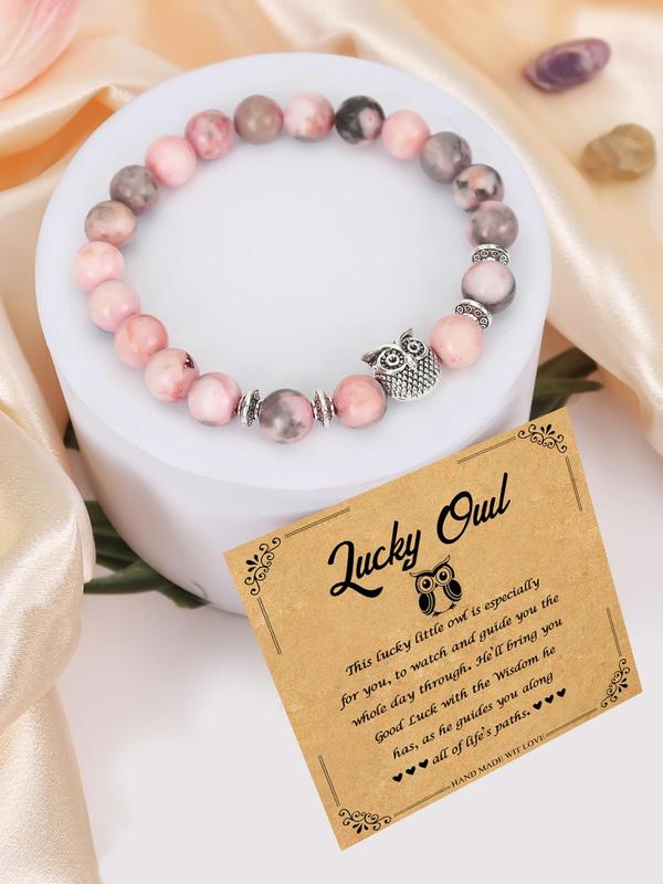 Owl Decor Stone Beaded Bracelet, Fashionable Marble Pattern Ombre Beaded Bracelet for Women & Men, Trendy All-match & Exquisite Jewelry for Birthday Gift