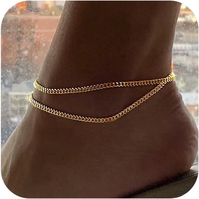 Tewiky Dainty Layered Ankle Bracelets For Women Waterproof Link Chain Anklets Non Tarnish Set Pack Summer Beach Jewelry Gift For Women Teen For Fashion