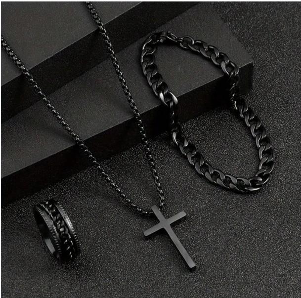 3pcs Men's Fashion Versatile Stainless Steel Jewelry Set, Black Cross Necklace, Bracelet And Ring