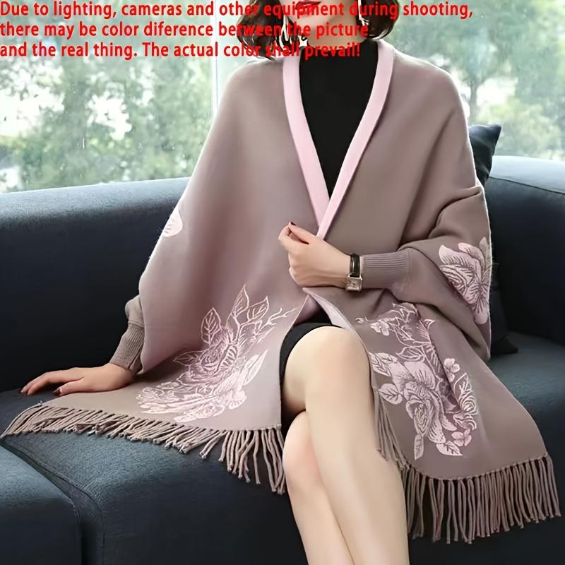 Vintage Floral Embroidered Polyester Shawl Wrap - Inelastic, Hand Washable, Woven, Decorative & Warm for Casual Outings - Women's Thick Autumn Winter Shawl with Sleeves