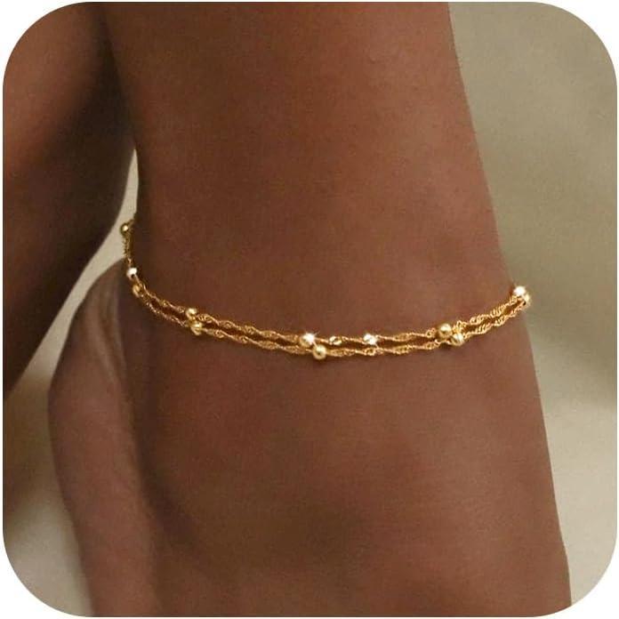 Tewiky Dainty Layered Ankle Bracelets For Women Waterproof Link Chain Anklets Non Tarnish Set Pack Summer Beach Jewelry Gift For Women Teen For Fashion