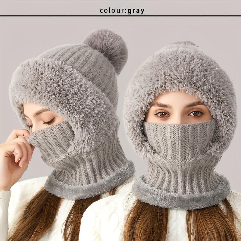 Winter Fluff Lining Knitted Hat, 3-in-1 Winter Hat Scarf Mask with Earmuffs Suit, Windproof and Warm Hooded Neck Warmer,