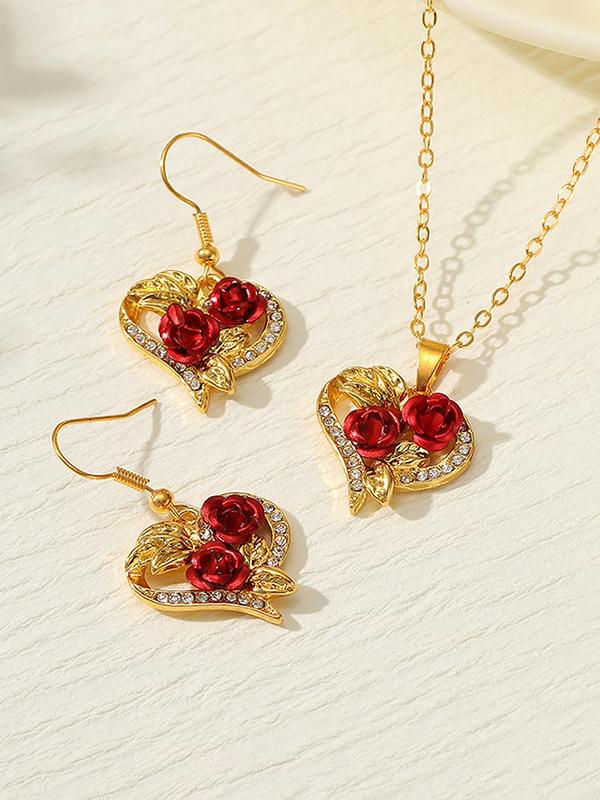 Rose Heart Pendant Necklace & Earrings, Rhinestone Decor Elegant Jewelry Set for Women, Fashion Accessories for Party, Daily Clothing Decor for Girl