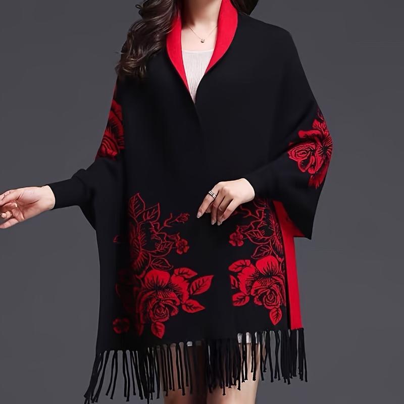 Vintage Floral Embroidered Polyester Shawl Wrap - Inelastic, Hand Washable, Woven, Decorative & Warm for Casual Outings - Women's Thick Autumn Winter Shawl with Sleeves