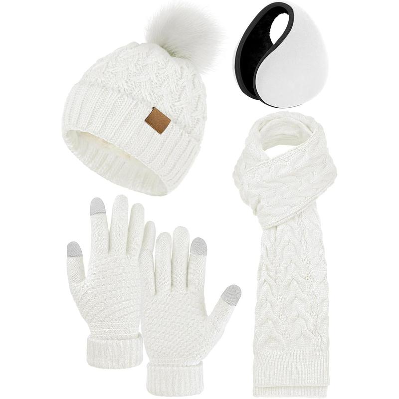 4 Packs Winter Warm Set Knitted Pompom Hat Scarf Touch Screen Gloves Ear Warmer 4 In 1 Set for Men or Women