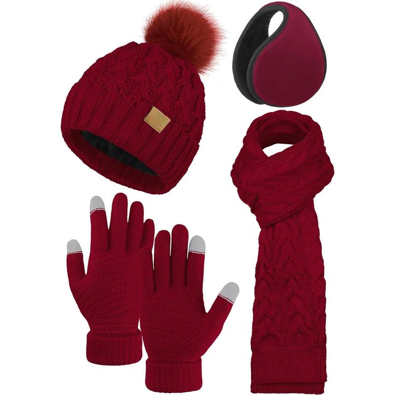 4 Packs Winter Warm Set Knitted Pompom Hat Scarf Touch Screen Gloves Ear Warmer 4 In 1 Set for Men or Women