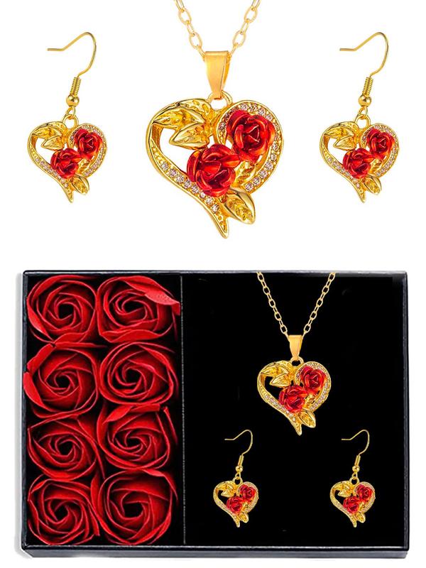 Rose Heart Pendant Necklace & Earrings, Rhinestone Decor Elegant Jewelry Set for Women, Fashion Accessories for Party, Daily Clothing Decor for Girl