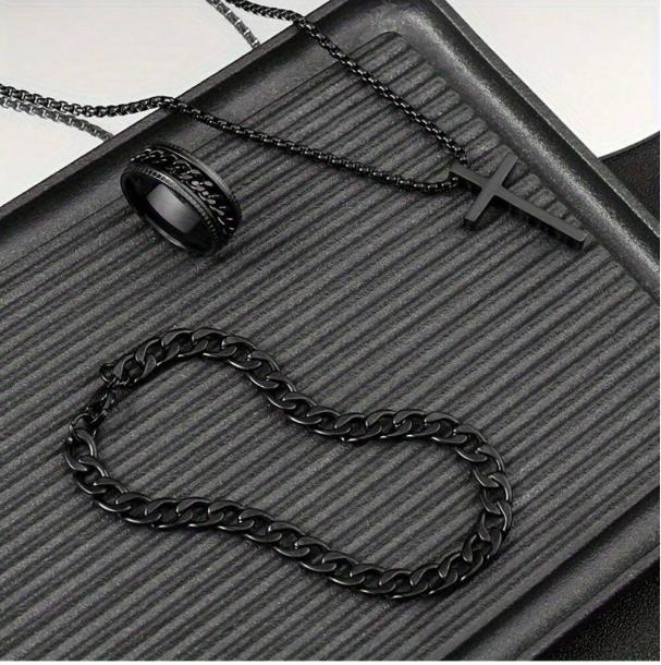 3pcs Men's Fashion Versatile Stainless Steel Jewelry Set, Black Cross Necklace, Bracelet And Ring