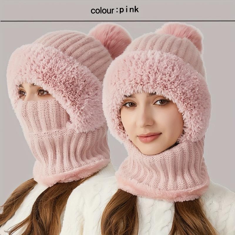 Winter Fluff Lining Knitted Hat, 3-in-1 Winter Hat Scarf Mask with Earmuffs Suit, Windproof and Warm Hooded Neck Warmer,