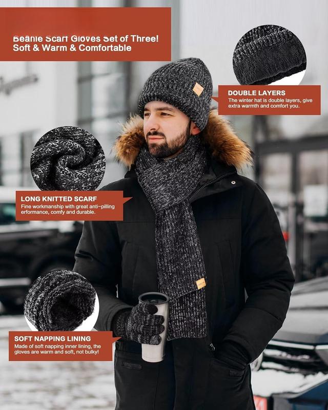 Winter Hat Gloves Scarf Set for Men Women, Mens Beanie Long Scarf Touchscreen Gloves for Cold Weather, 3 in 1 Warm Gift Set