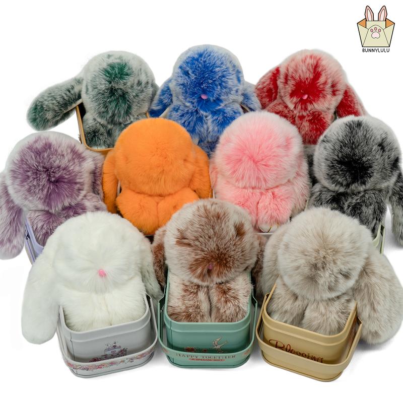 BUNNYLULU * Handmade Fluffy Bunny PomPom Keychain with Designed Tin Box, Gifts for Halloween Christmas Holiday