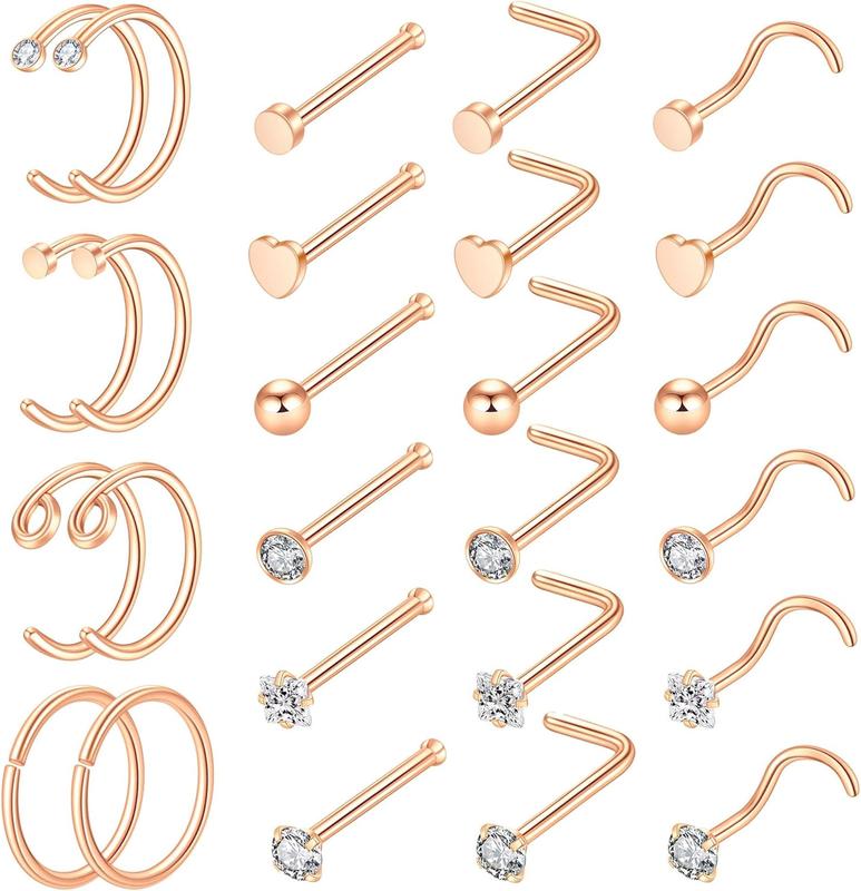 26 count 20G Nose Rings for Women Nose Piercings  Nose Rings Hoops L Shape Nose Studs Screw Surgical Stainless Steel Nose Studs for Women Men