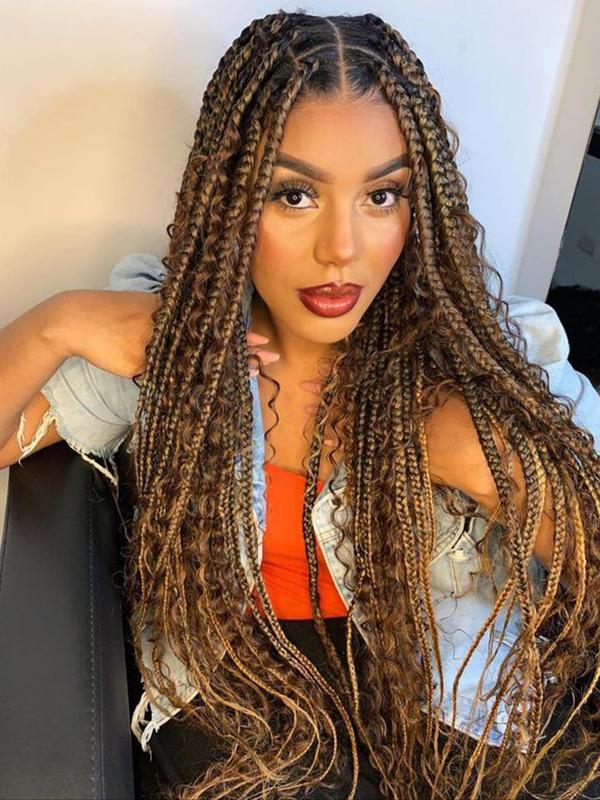 32 Inch Long Braided Lace Front Wigs for Women, Gorgeous Ombre Box Braids with Baby Hair, Synthetic Braided Full Lace Wigs for Party, Daily Use