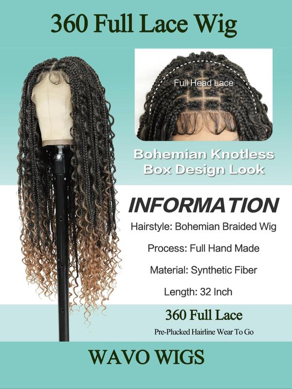 32 Inch Long Braided Lace Front Wigs for Women, Gorgeous Ombre Box Braids with Baby Hair, Synthetic Braided Full Lace Wigs for Party, Daily Use