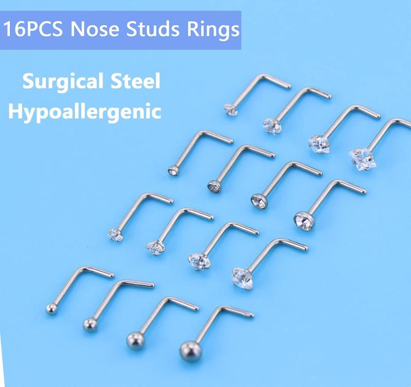 26 count 20G Nose Rings for Women Nose Piercings  Nose Rings Hoops L Shape Nose Studs Screw Surgical Stainless Steel Nose Studs for Women Men