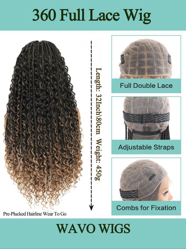 32 Inch Long Braided Lace Front Wigs for Women, Gorgeous Ombre Box Braids with Baby Hair, Synthetic Braided Full Lace Wigs for Party, Daily Use