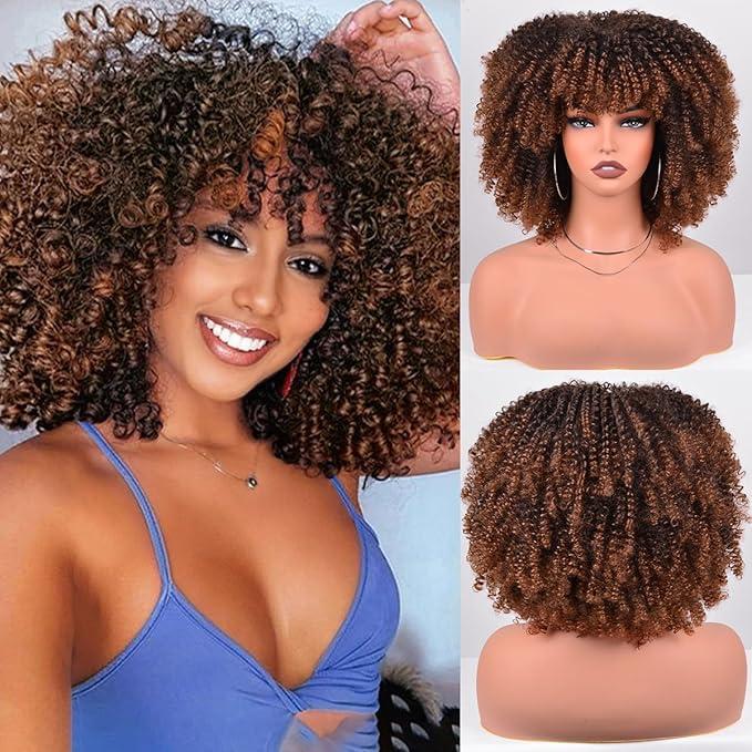 WigDreams 10 12 Inch Short Afro Kinky Curly Coily Hair Wigs for Black Women, Fluffy Glueless Wigs with Bangs, Wear and Go Synthetic Full Machine Wigs for Daily Party