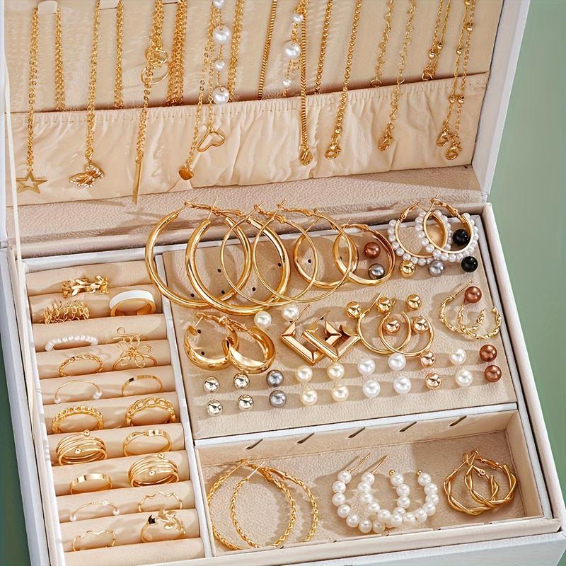 86psc set Luxurious Middle Eastern Jewelry Set, Vintage & Bohemian Style, Butterfly Heart Faux Pearl Bead Leaf Floral Knot Wide Band Pendant Necklace + Rings + Earrings + Studs, Gift Box For Party, Holiday, Date Night And Everyday Wear