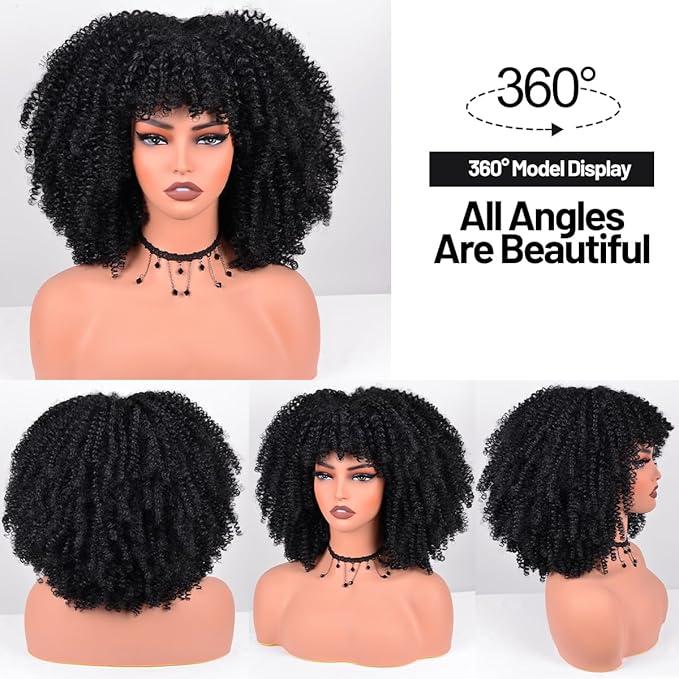 WigDreams 10 12 Inch Short Afro Kinky Curly Coily Hair Wigs for Black Women, Fluffy Glueless Wigs with Bangs, Wear and Go Synthetic Full Machine Wigs for Daily Party