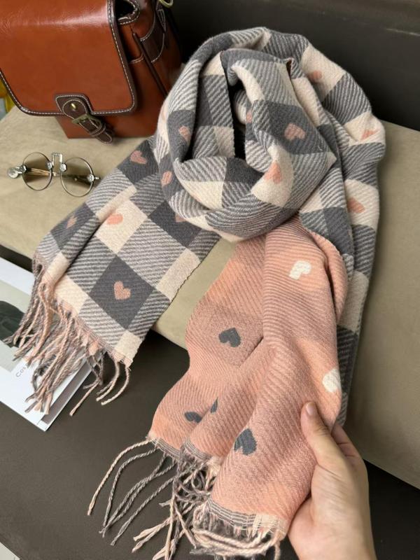 Double Sided Plaid & Heart Pattern Scarf, Elegant Soft Warm Thick Shawl for Women & Men, Fashion Accessories for Fall & Winter