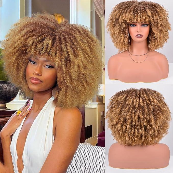 WigDreams 10 12 Inch Short Afro Kinky Curly Coily Hair Wigs for Black Women, Fluffy Glueless Wigs with Bangs, Wear and Go Synthetic Full Machine Wigs for Daily Party