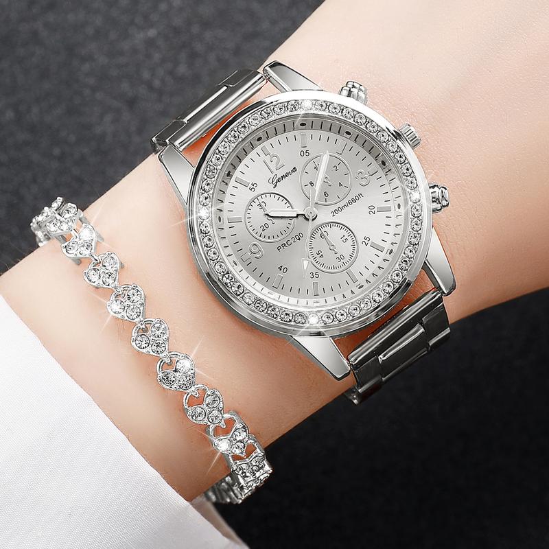 6PCS Set Women's Fashion Watch Set Exquisite Diamond Inlaid Dial Stainless Steel Quartz Watch+Heart Diamond Bracelet