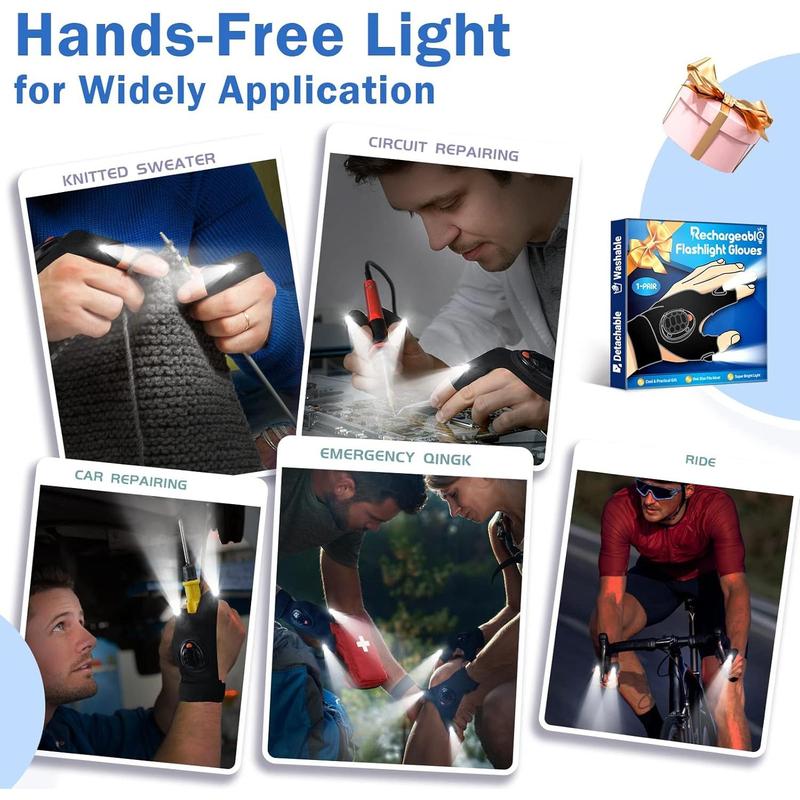 LED Flashlight Gloves 2 Pairs, Christmas Stocking Stuffers for Men Adult, Rechargeable Finger Light Ideas Gifts for Men Dad Husband Boyfriend Him Cool Stuff  Gadgets Tool