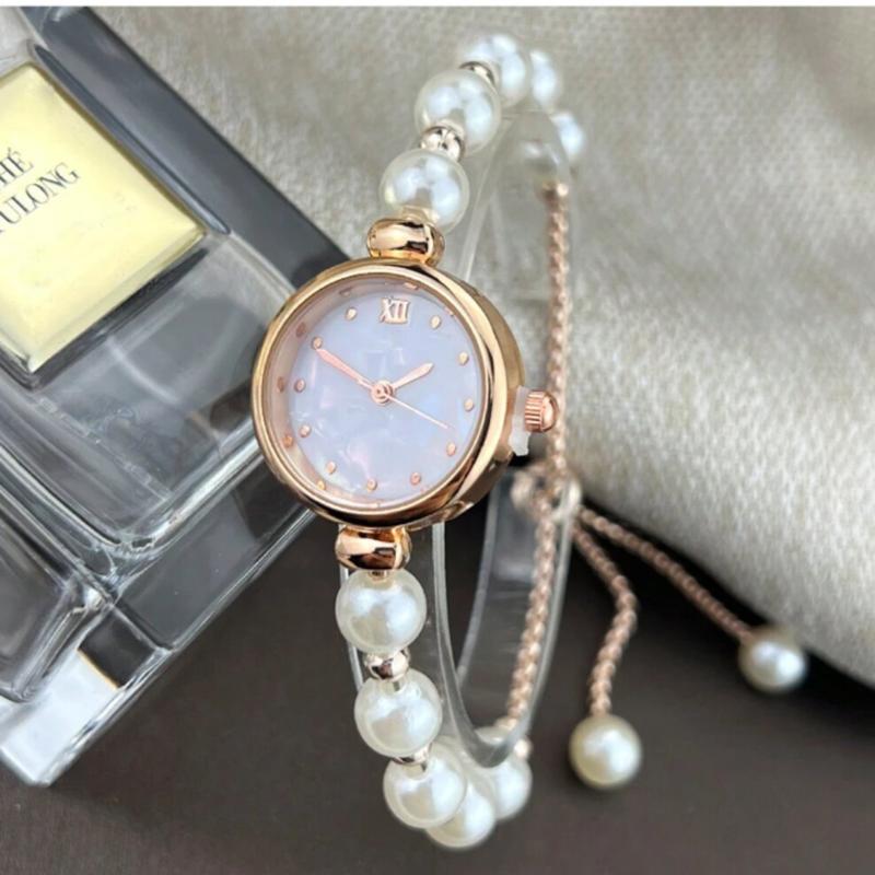 Ladies' White Pearl Beaded Drawstring Watch with Mother Of Pearl Textured Dial