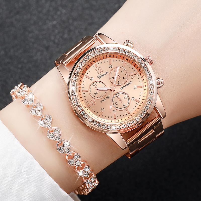 6PCS Set Women's Fashion Watch Set Exquisite Diamond Inlaid Dial Stainless Steel Quartz Watch+Heart Diamond Bracelet