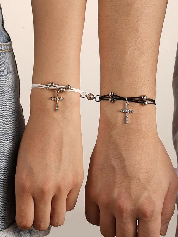 Fashion Rhinestone Criss Cross Charm Couple String Bracelets, Adjustable Simple Matching Bracelet, Religion Jewelry for Daily Wear, Fashion Streetwear Accessories for Couples and Friends