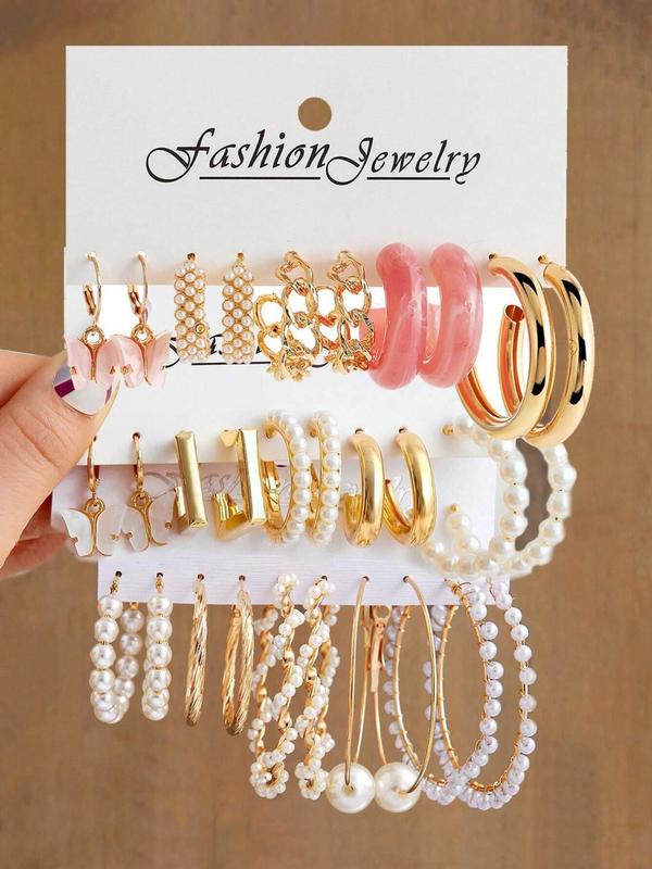 Geometric & Chain & Twist Design Hoop Earrings Set, 15 Pairs Faux Pearls & Butterfly Decor Hoop Earrings Set, 2024 New Trend Jewelry for Daily Clothing Decor