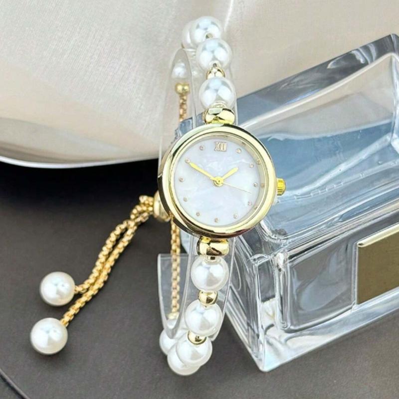 Ladies' White Pearl Beaded Drawstring Watch with Mother Of Pearl Textured Dial