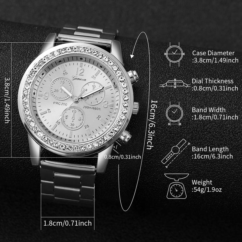 6PCS Set Women's Fashion Watch Set Exquisite Diamond Inlaid Dial Stainless Steel Quartz Watch+Heart Diamond Bracelet