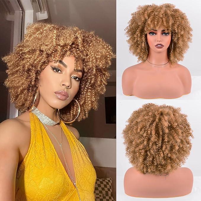 WigDreams 10 12 Inch Short Afro Kinky Curly Coily Hair Wigs for Black Women, Fluffy Glueless Wigs with Bangs, Wear and Go Synthetic Full Machine Wigs for Daily Party