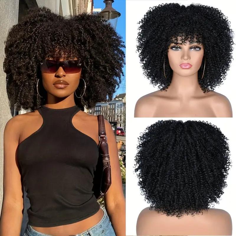 WigDreams 10 12 Inch Short Afro Kinky Curly Coily Hair Wigs for Black Women, Fluffy Glueless Wigs with Bangs, Wear and Go Synthetic Full Machine Wigs for Daily Party