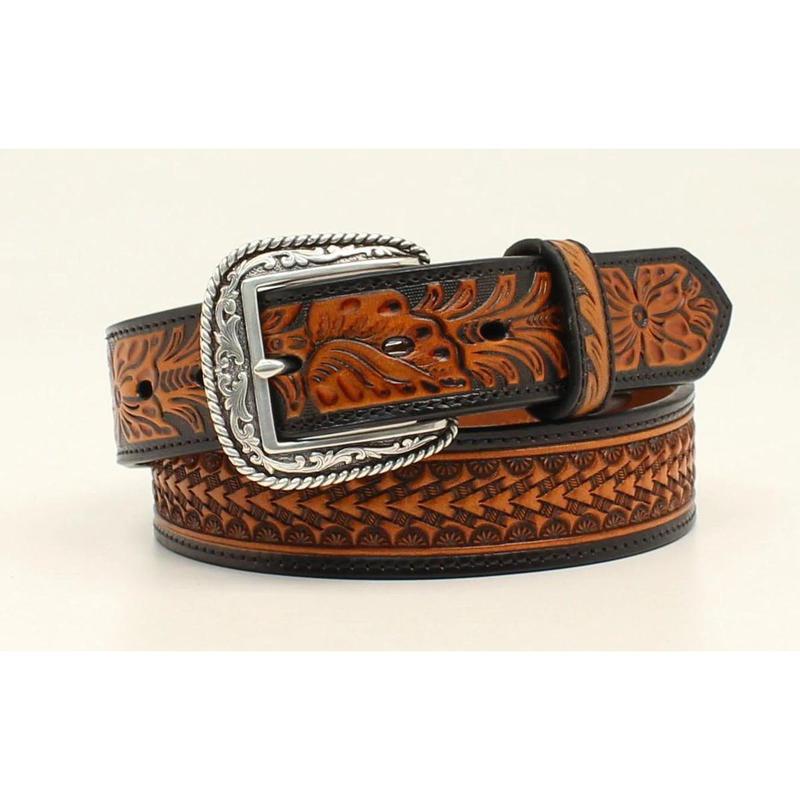 Ariat Men's Floral Embossed Black And Tan Belt - A1020867