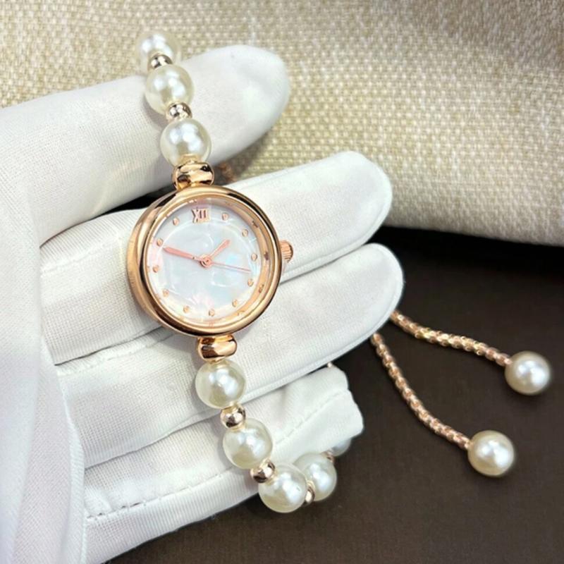 Ladies' White Pearl Beaded Drawstring Watch with Mother Of Pearl Textured Dial