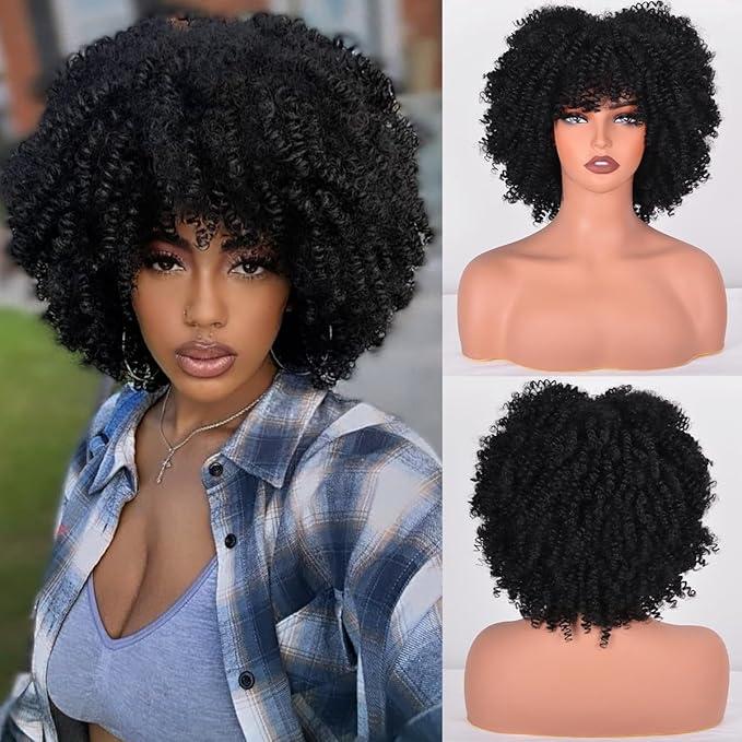 WigDreams 10 12 Inch Short Afro Kinky Curly Coily Hair Wigs for Black Women, Fluffy Glueless Wigs with Bangs, Wear and Go Synthetic Full Machine Wigs for Daily Party